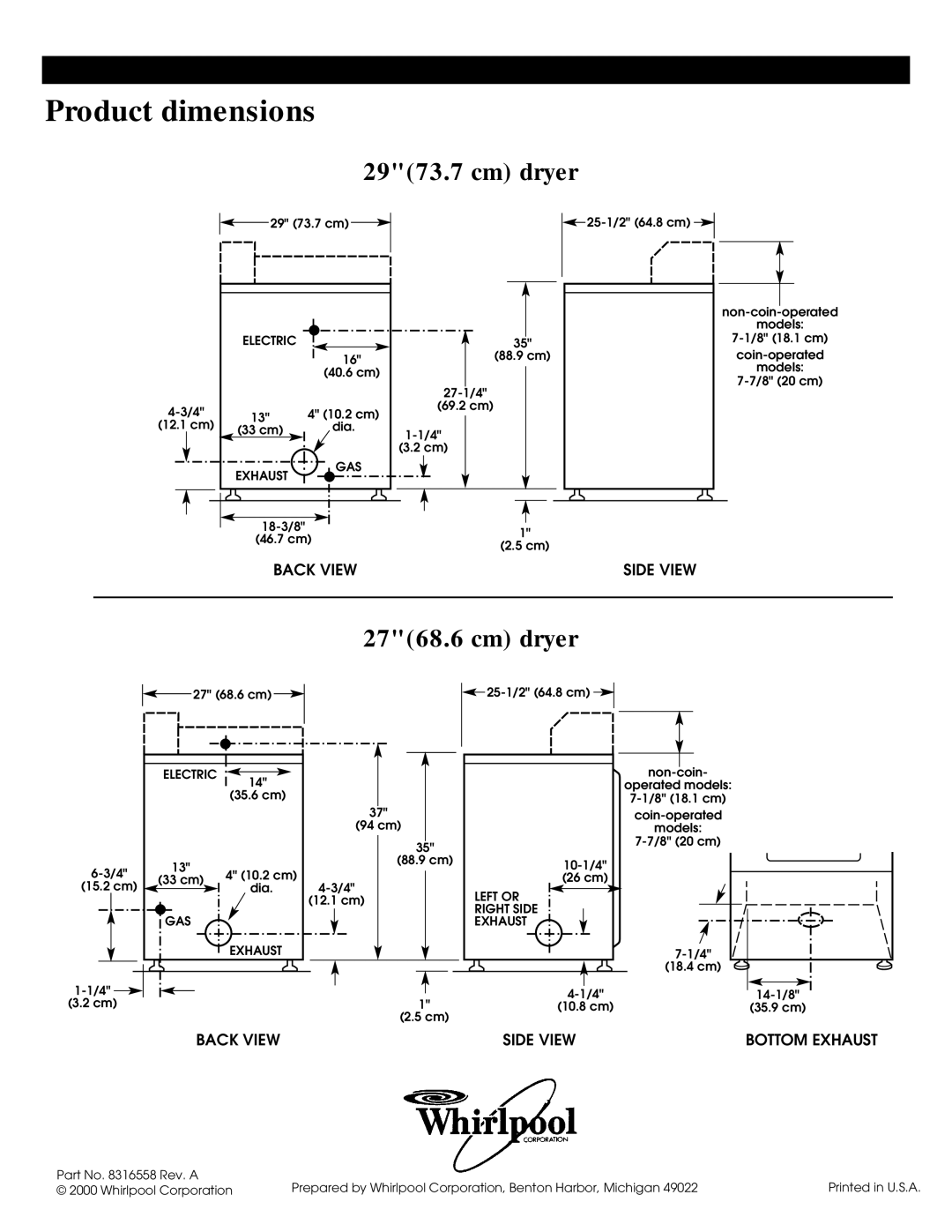 Whirlpool 8316558 installation instructions Product dimensions, Bottom Exhaust 