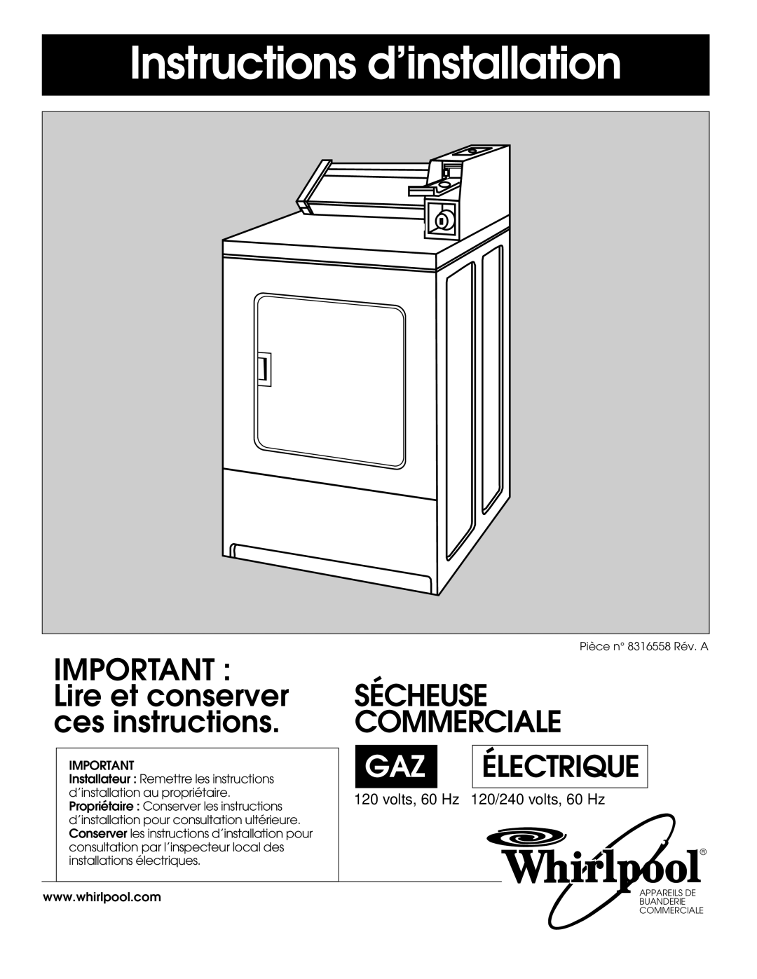 Whirlpool 8316558 installation instructions Instructions d’installation 