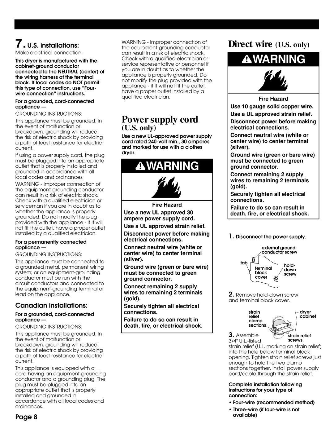 Whirlpool 8316558 installation instructions Power supply cord, Direct wire U.S. only, Grounding Instructions 