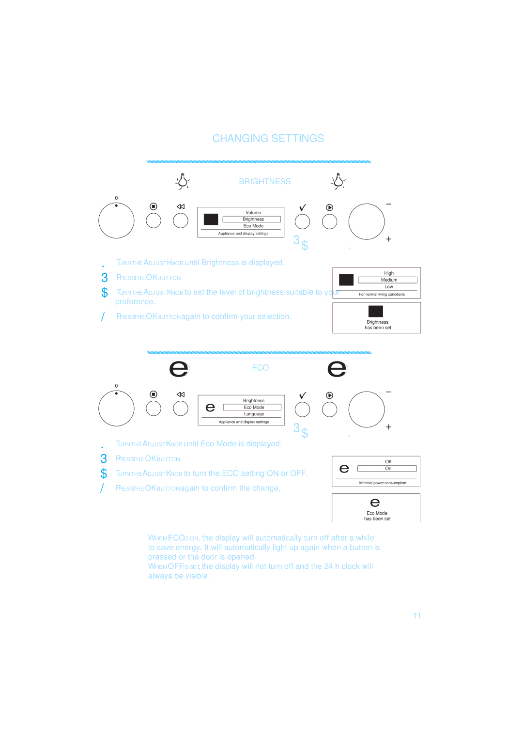 Whirlpool 836, 832 quick start  , Brightness, Eco 