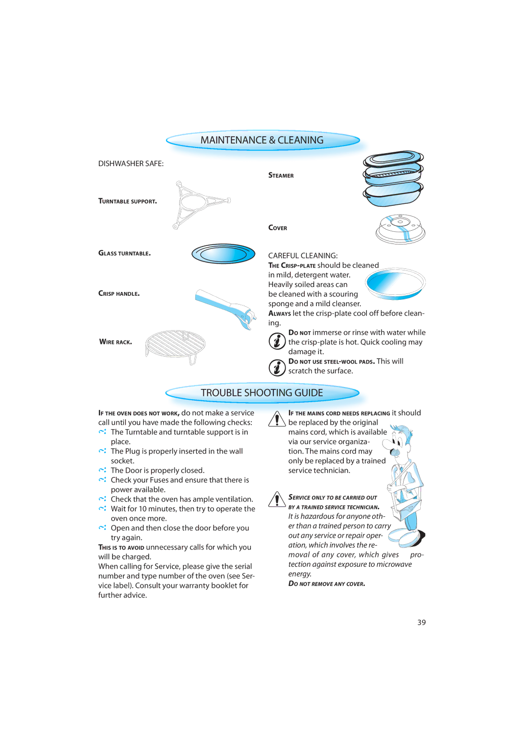 Whirlpool 836, 832 quick start Trouble Shooting Guide, Dishwasher Safe, Careful Cleaning 