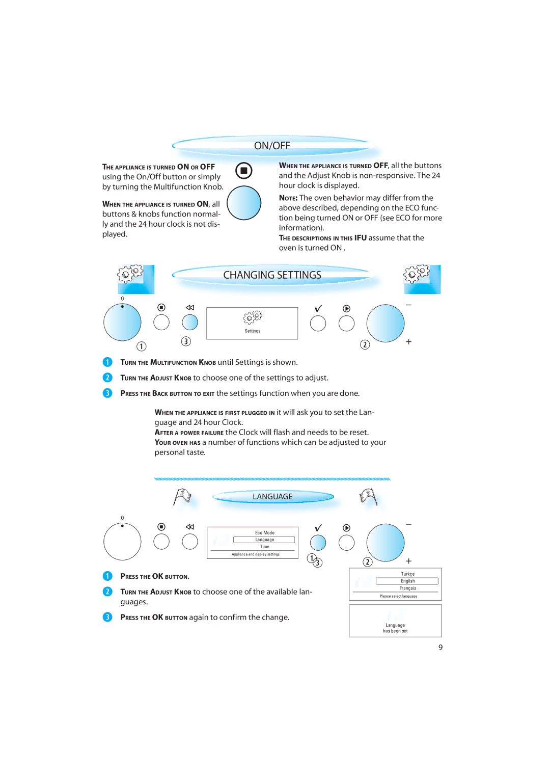 Whirlpool 836, 832 quick start  , On/Off, Changing Settings, Language 