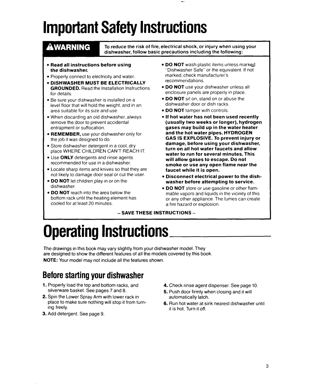 Whirlpool 8300 Series, 8400 Series manual ImportantSafetyInstructions, OperatingInstructions 