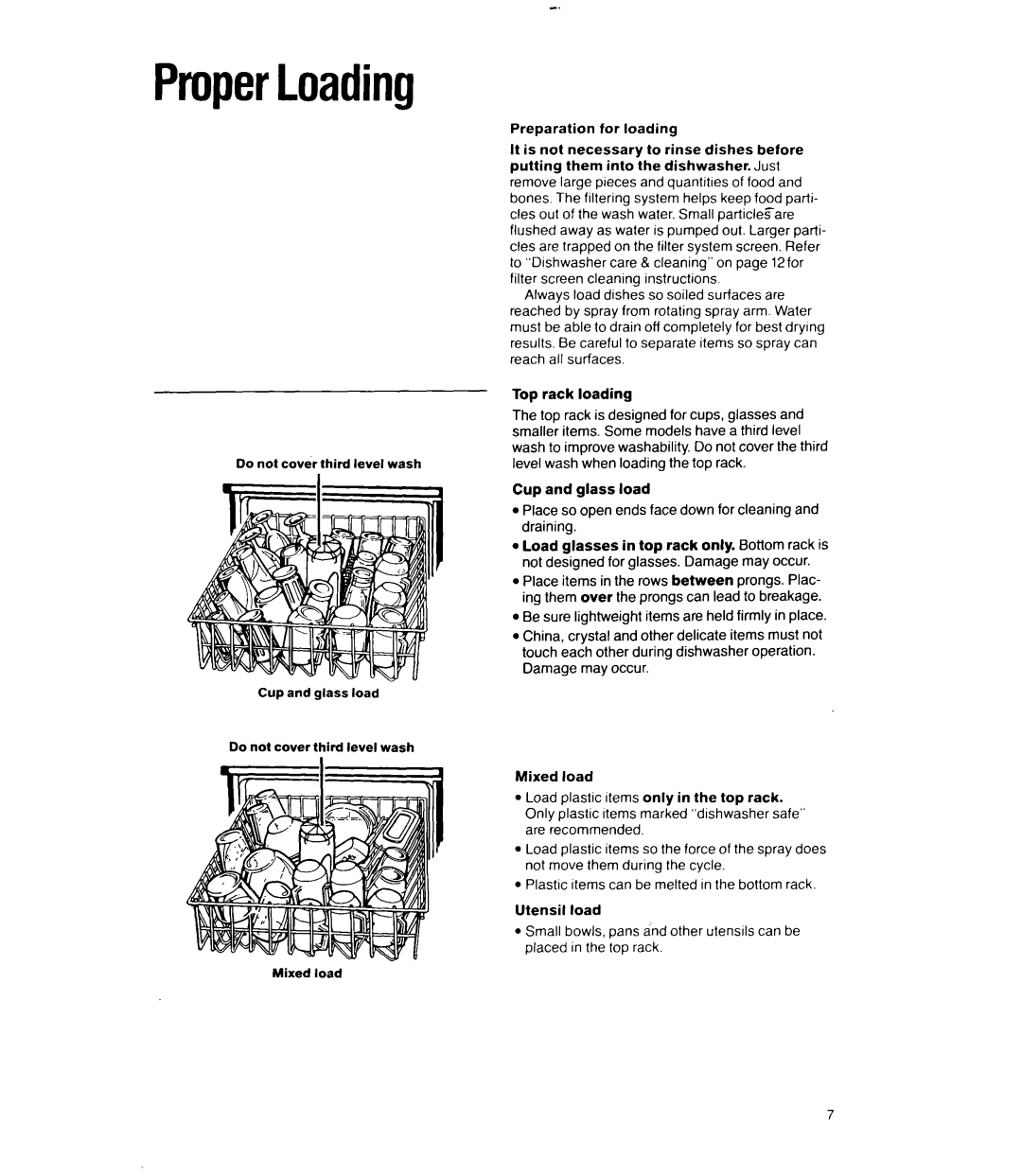 Whirlpool 8300 Series, 8400 Series manual ProperLoading, Preparation for loading, Top rack is designed for cups, glasses 