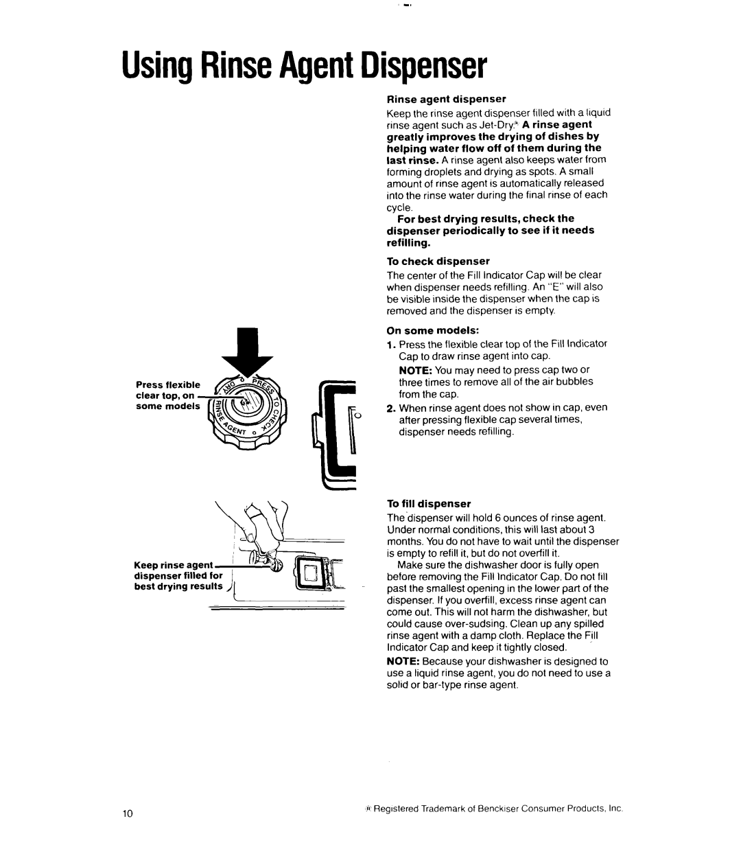 Whirlpool 8400 Series, 8300 Series manual UsingRinseAgentDispenser 