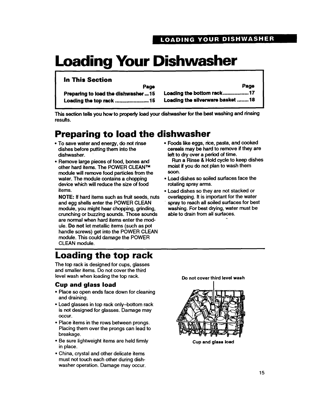 Whirlpool 8500 Loading Your Dishwasher, Preparing to load the dishwasher, Loading the top rack, This Section PagePage 