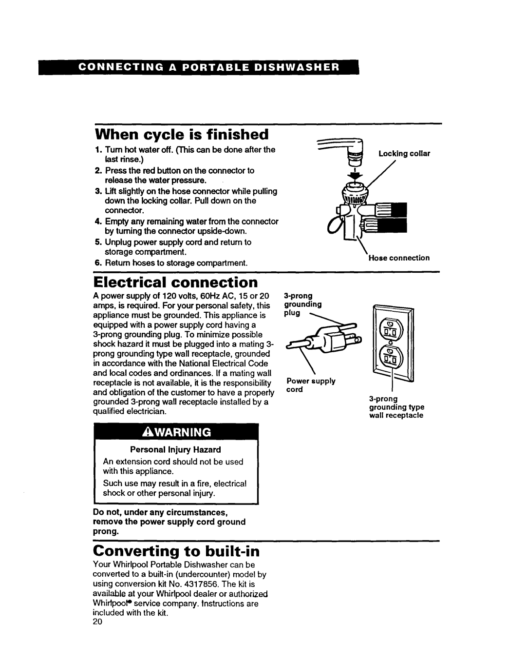 Whirlpool 8500 When cycle is finished, Electrical connection, Converting to built-in, Do not, under any circumstances 