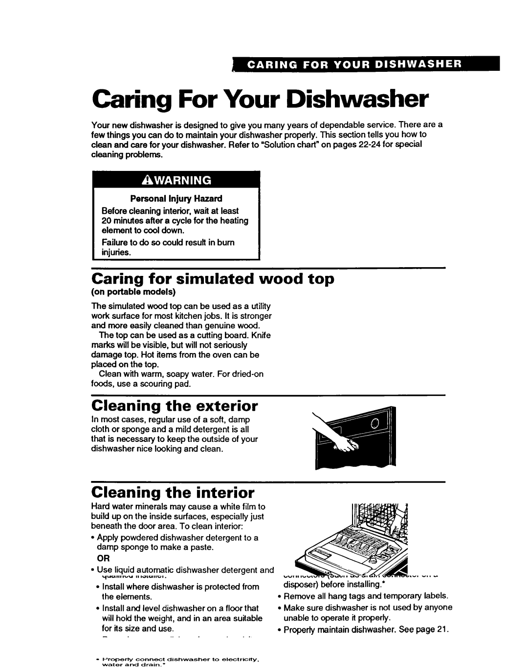 Whirlpool 8500 Caring For Your Dishwasher, Caring for simulated wood top, Cleaning the exterior, Cleaning the interior 