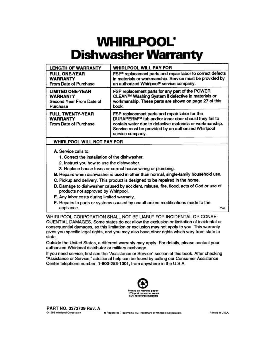 Whirlpool 8500 warranty Dishwasher Warranty, From Date of Purchase LlMlTED ONE-YEAR, Second Year From Date, Part no Rev. a 