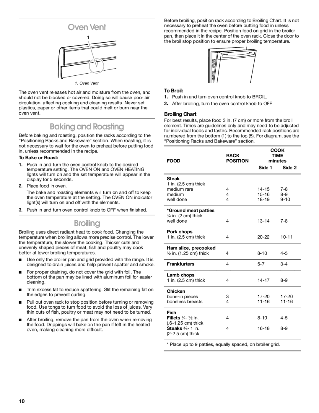 Whirlpool 8522407 manual Oven Vent, Baking and Roasting, To Broil, Broiling Chart 