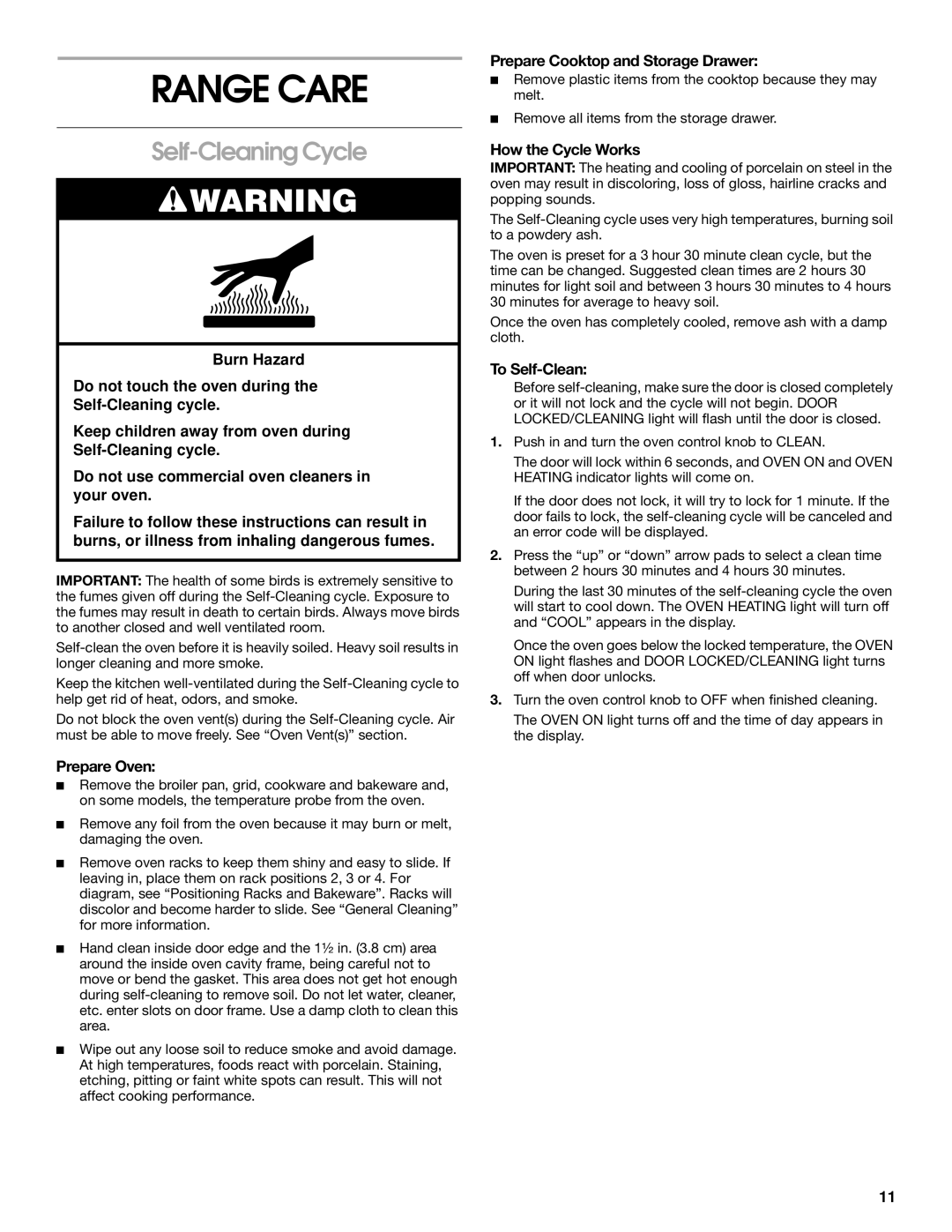 Whirlpool 8522407 manual Range Care, Self-Cleaning Cycle 