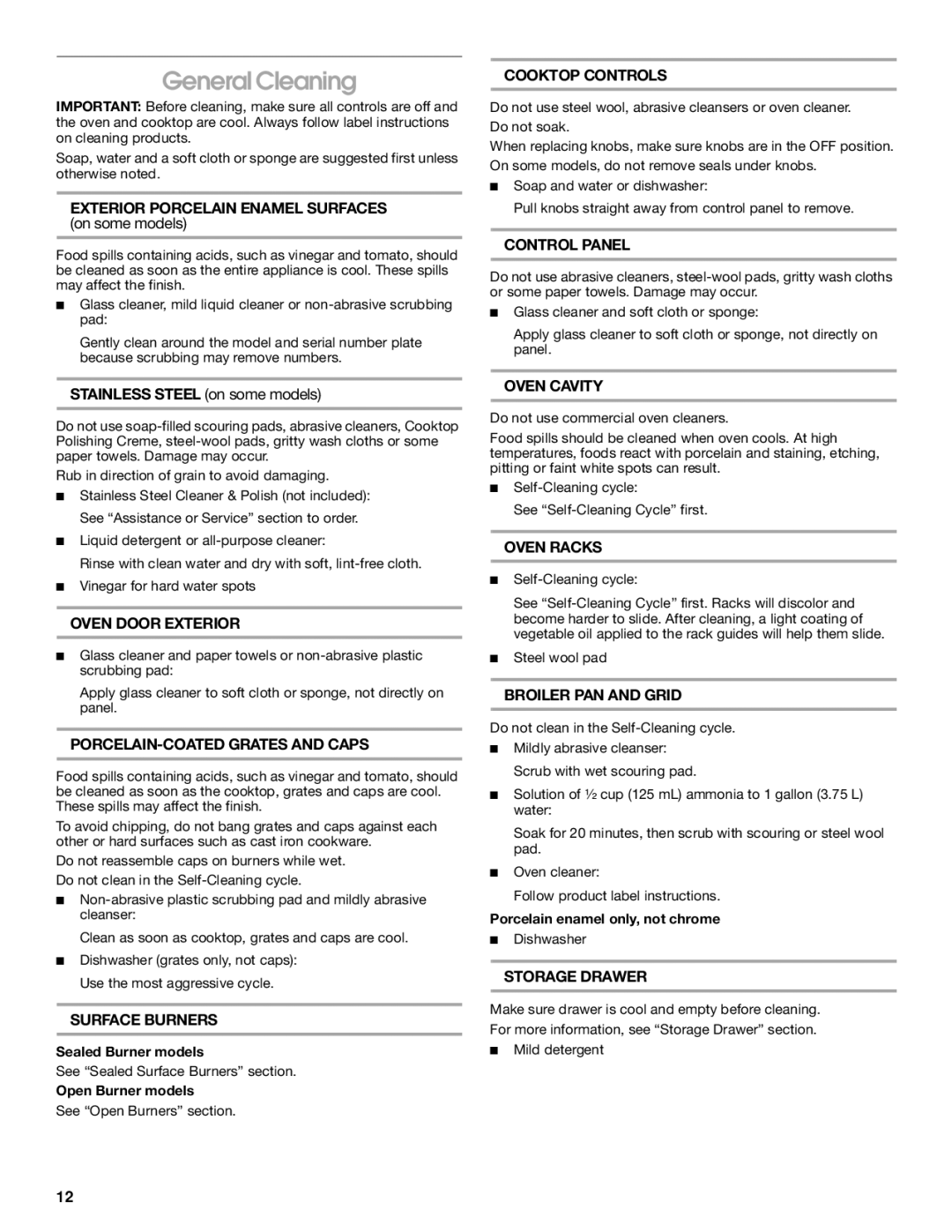 Whirlpool 8522407 manual General Cleaning, Stainless Steel on some models, Sealed Burner models, Open Burner models 
