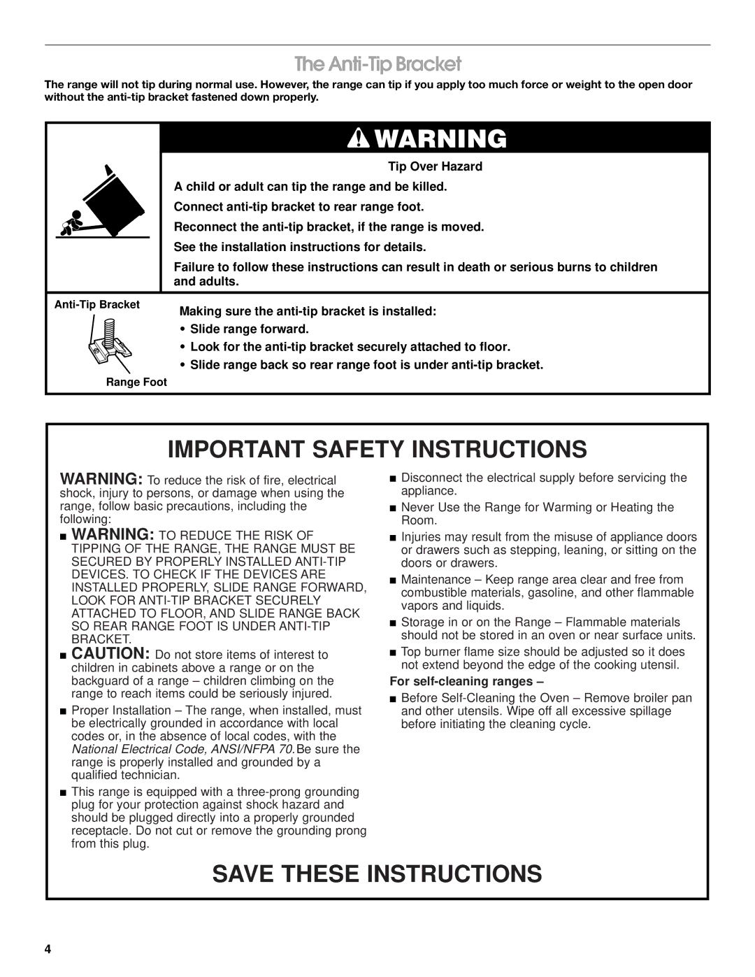 Whirlpool 8522407 manual Important Safety Instructions, Anti-Tip Bracket 