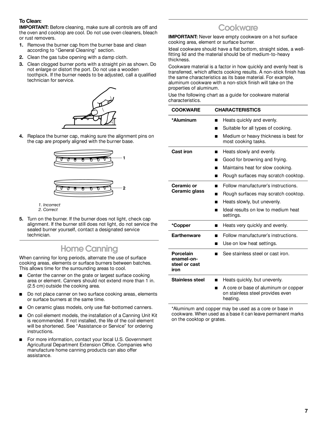 Whirlpool 8522407 manual Home Canning, To Clean, Cookware Characteristics 