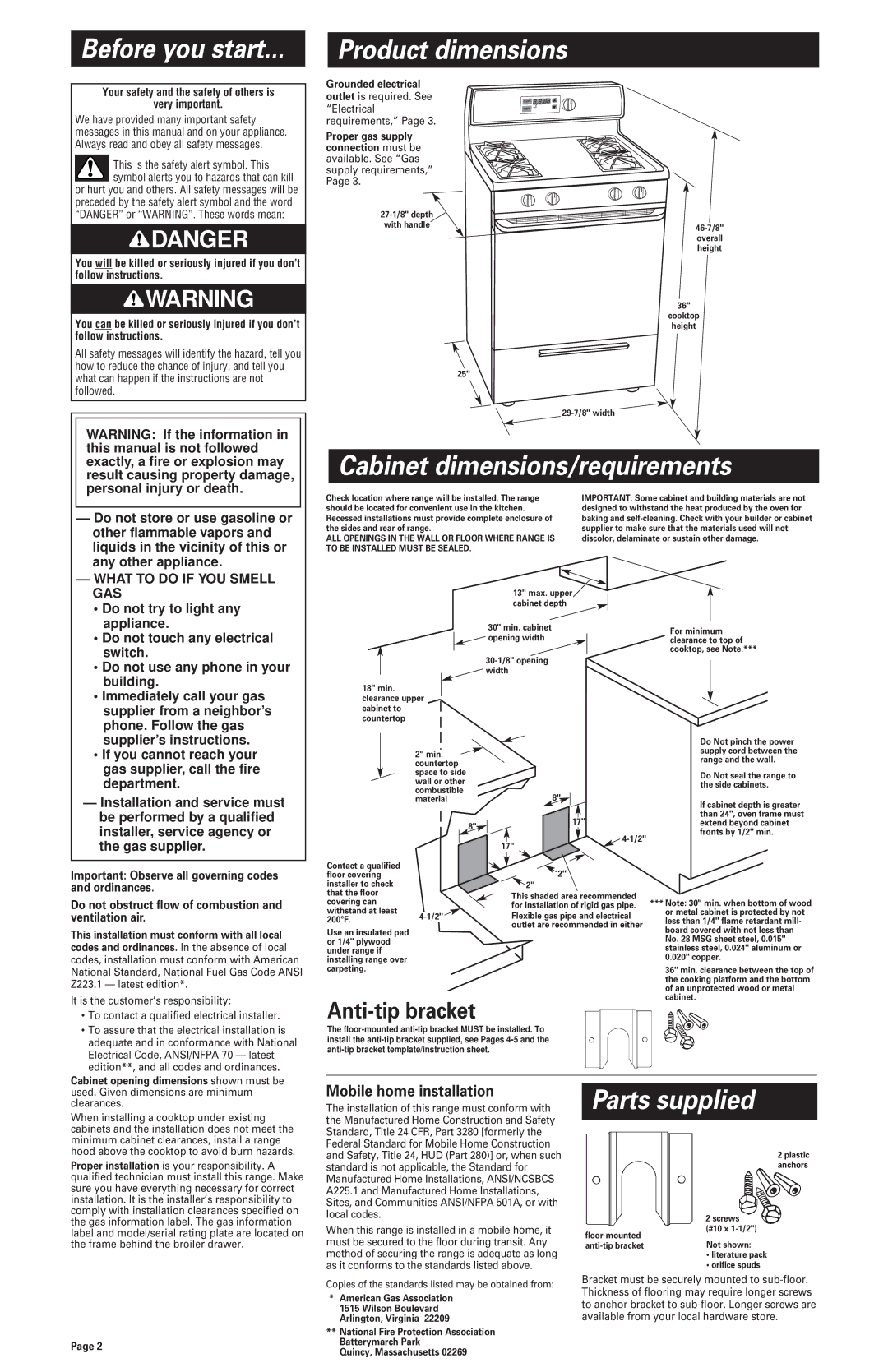 Whirlpool 8523781 Before you start Product dimensions, Cabinet dimensions/requirements, Parts supplied, Anti-tip bracket 