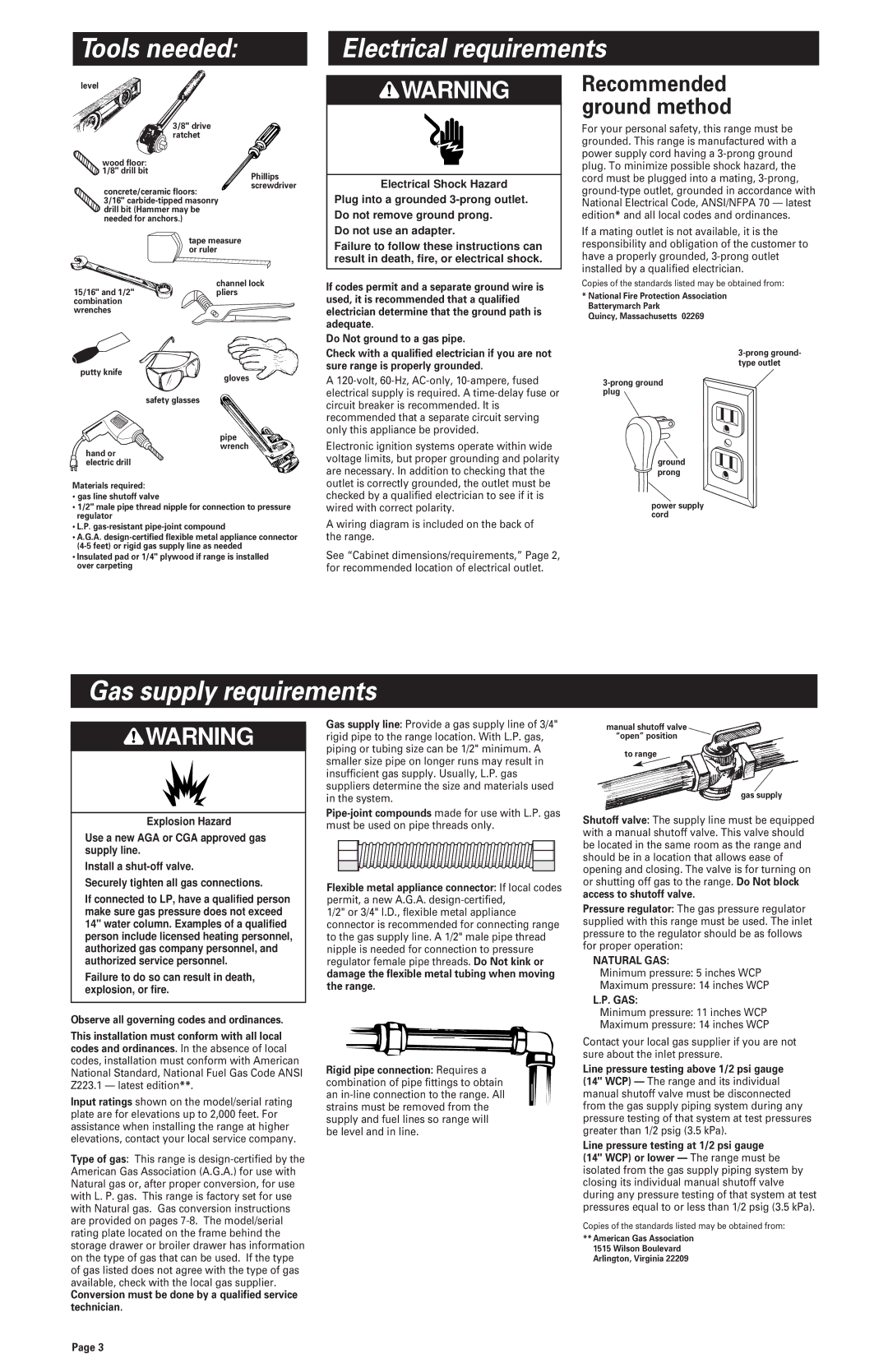 Whirlpool 8523781 Tools needed Electrical requirements, Gas supply requirements, Recommended ground method, Natural GAS 