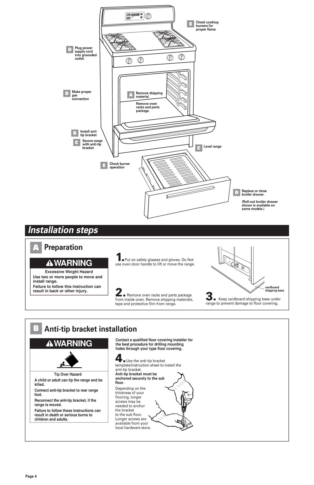 Whirlpool 8523781 installation instructions Installation steps, Preparation, Anti-tip bracket installation, Racks and parts 