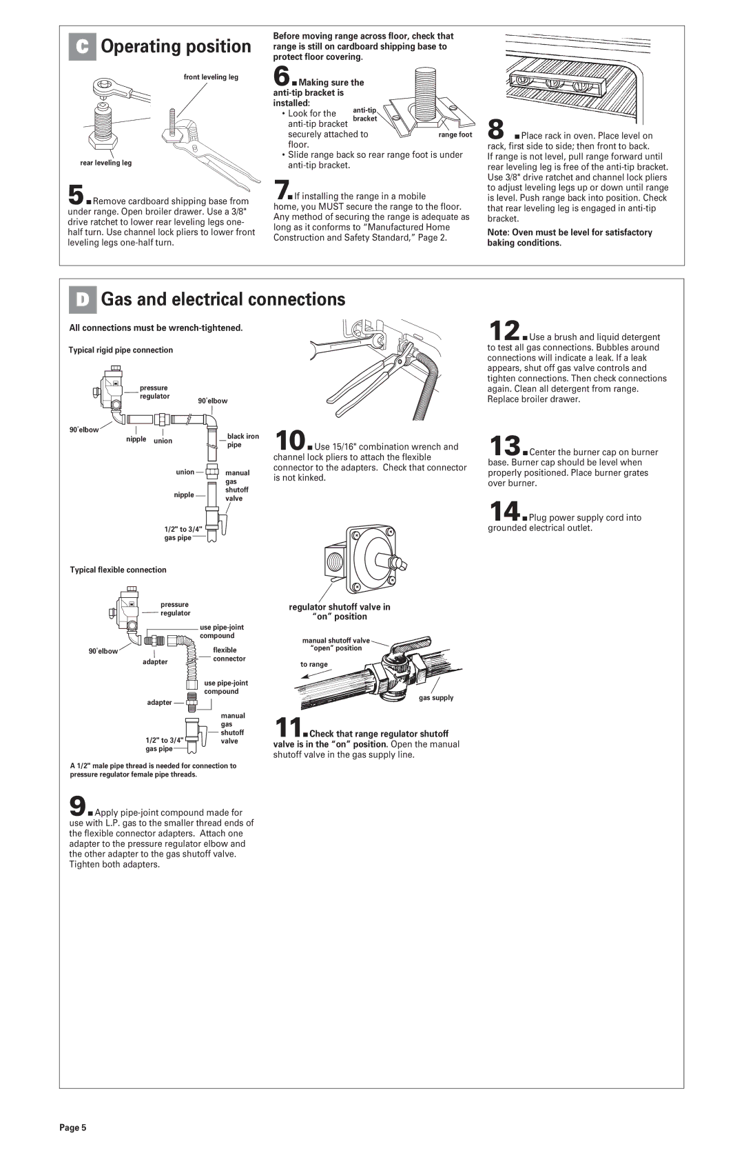 Whirlpool 8523781 Gas and electrical connections, Operating position, All connections must be wrench-tightened 