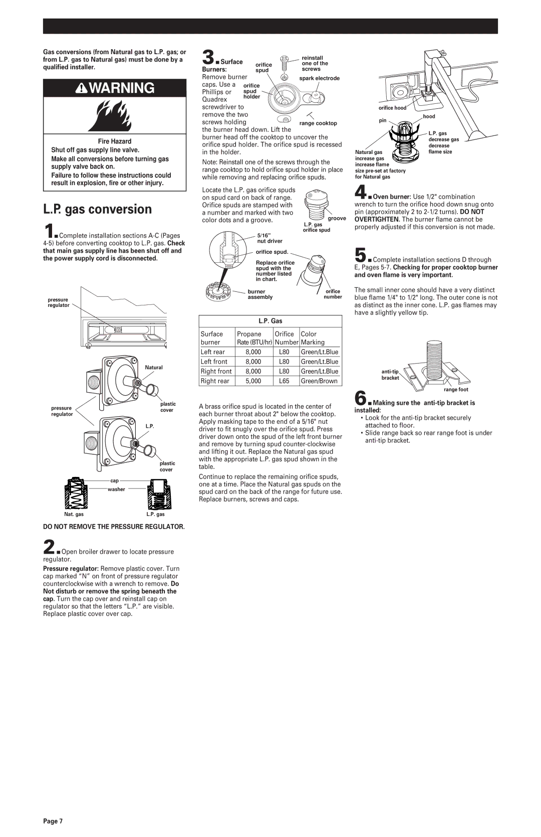 Whirlpool 8523781 installation instructions Gas conversion, Surface, Burners, Do not Remove the Pressure Regulator 