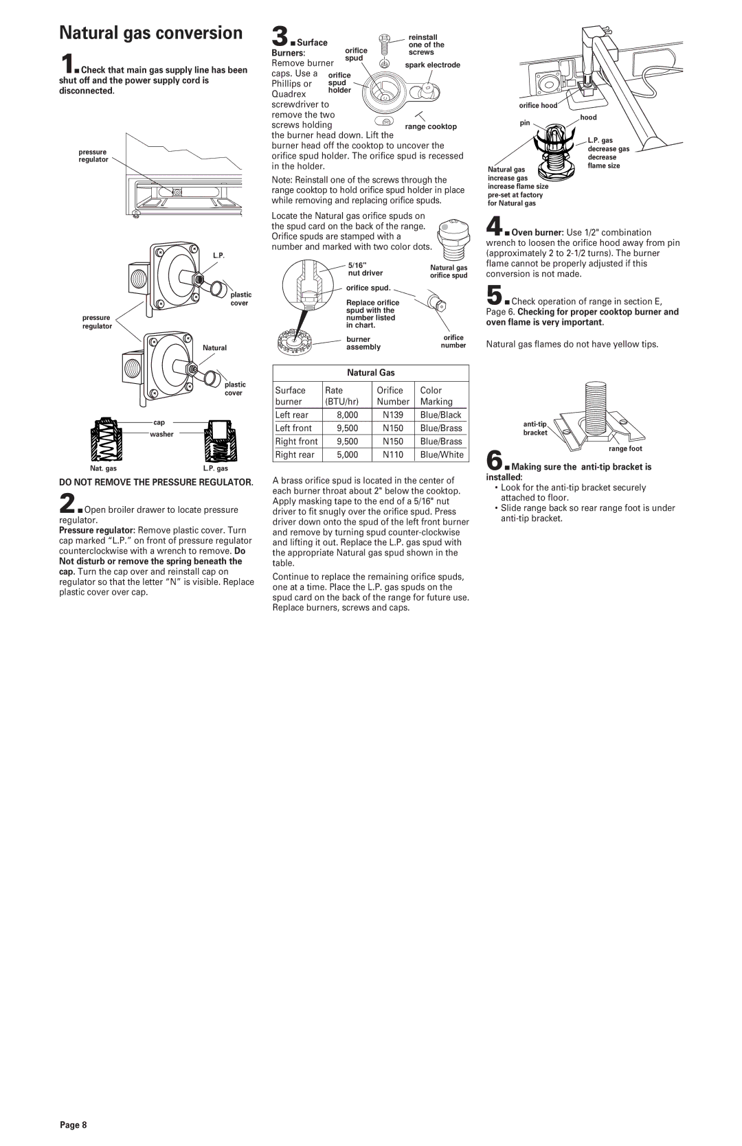 Whirlpool 8523781 installation instructions Natural gas conversion 