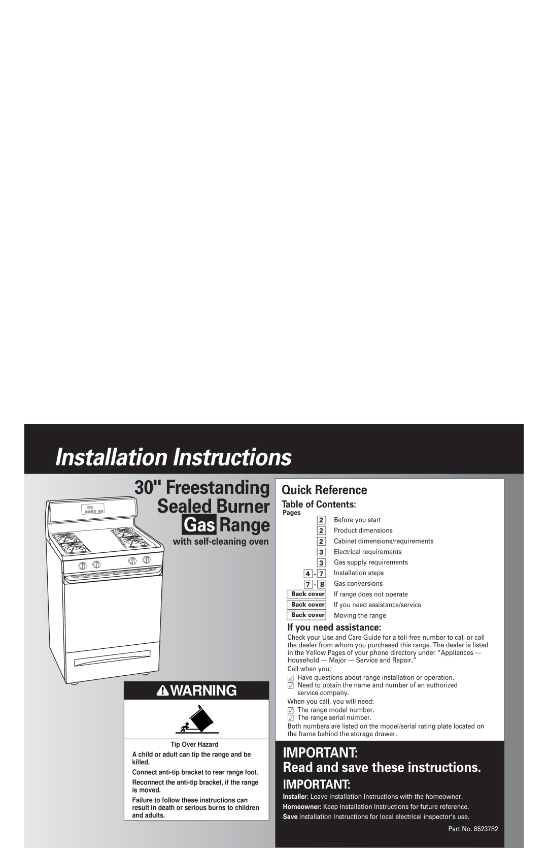 Whirlpool 8523782 installation instructions Table of Contents, With self-cleaning oven, If you need assistance, Pages 