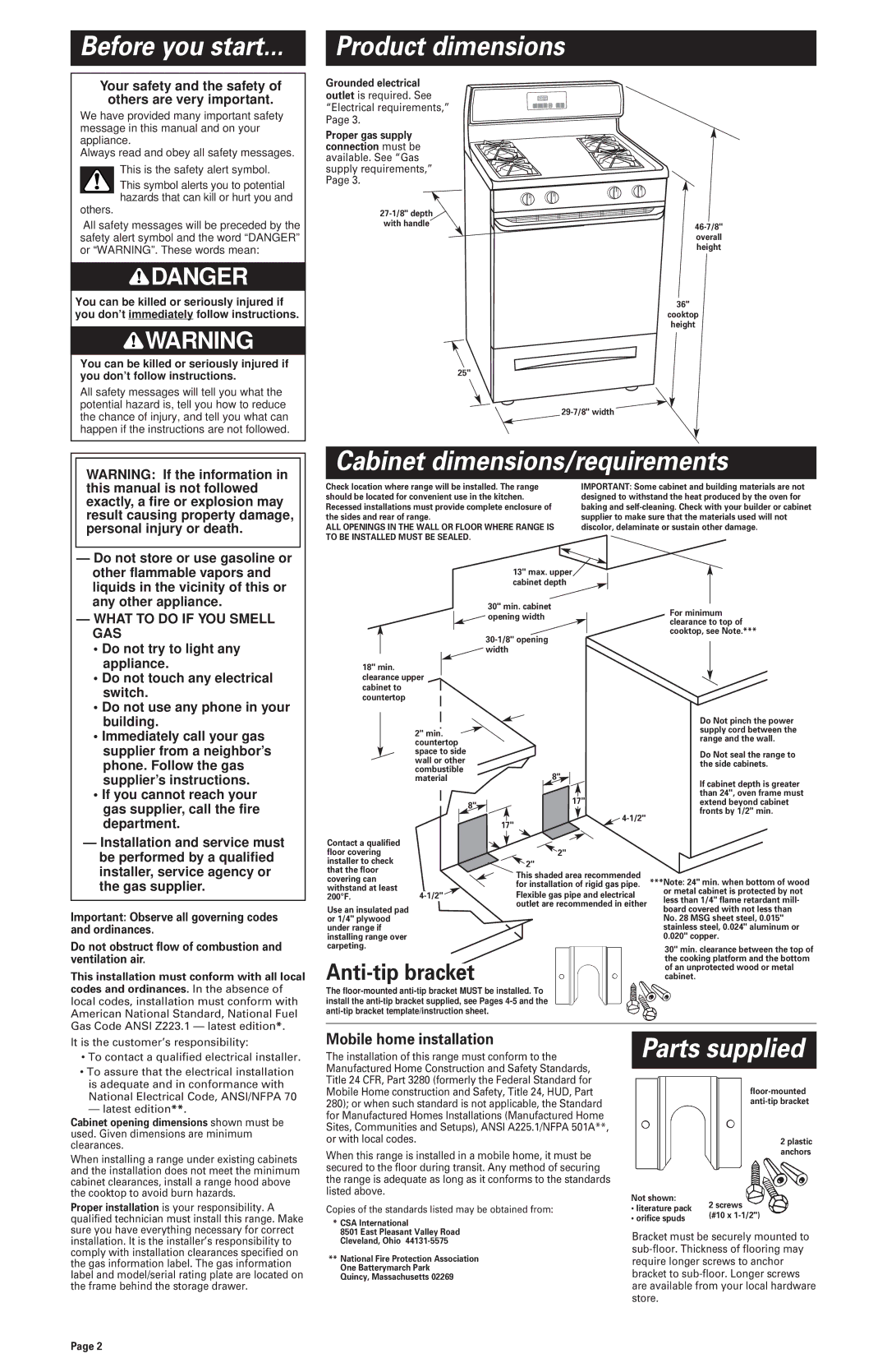 Whirlpool 8523782 Product dimensions, Cabinet dimensions/requirements, Parts supplied, Anti-tip bracket 