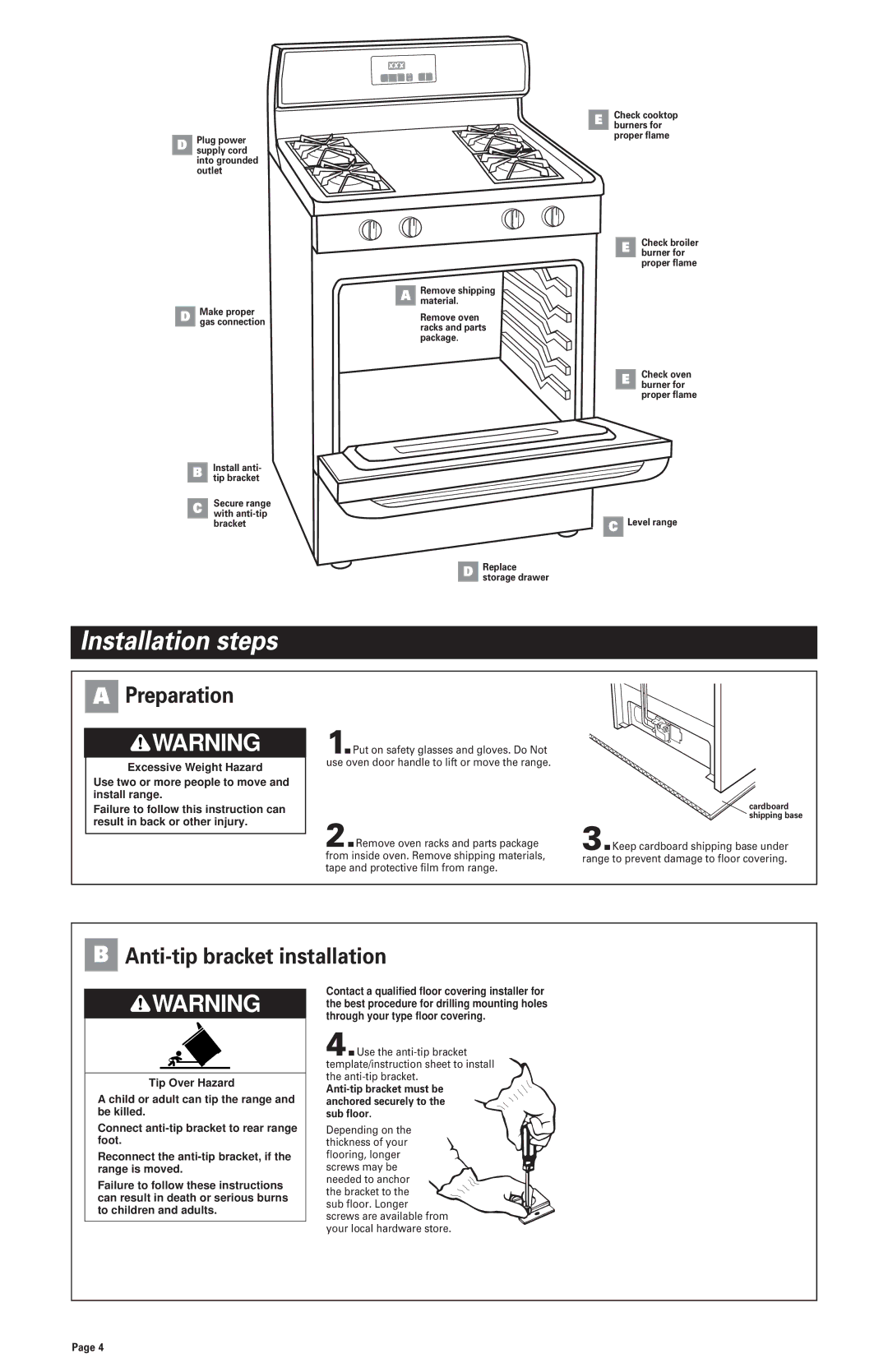 Whirlpool 8523782 installation instructions Installation steps, Preparation, Anti-tip bracket installation 