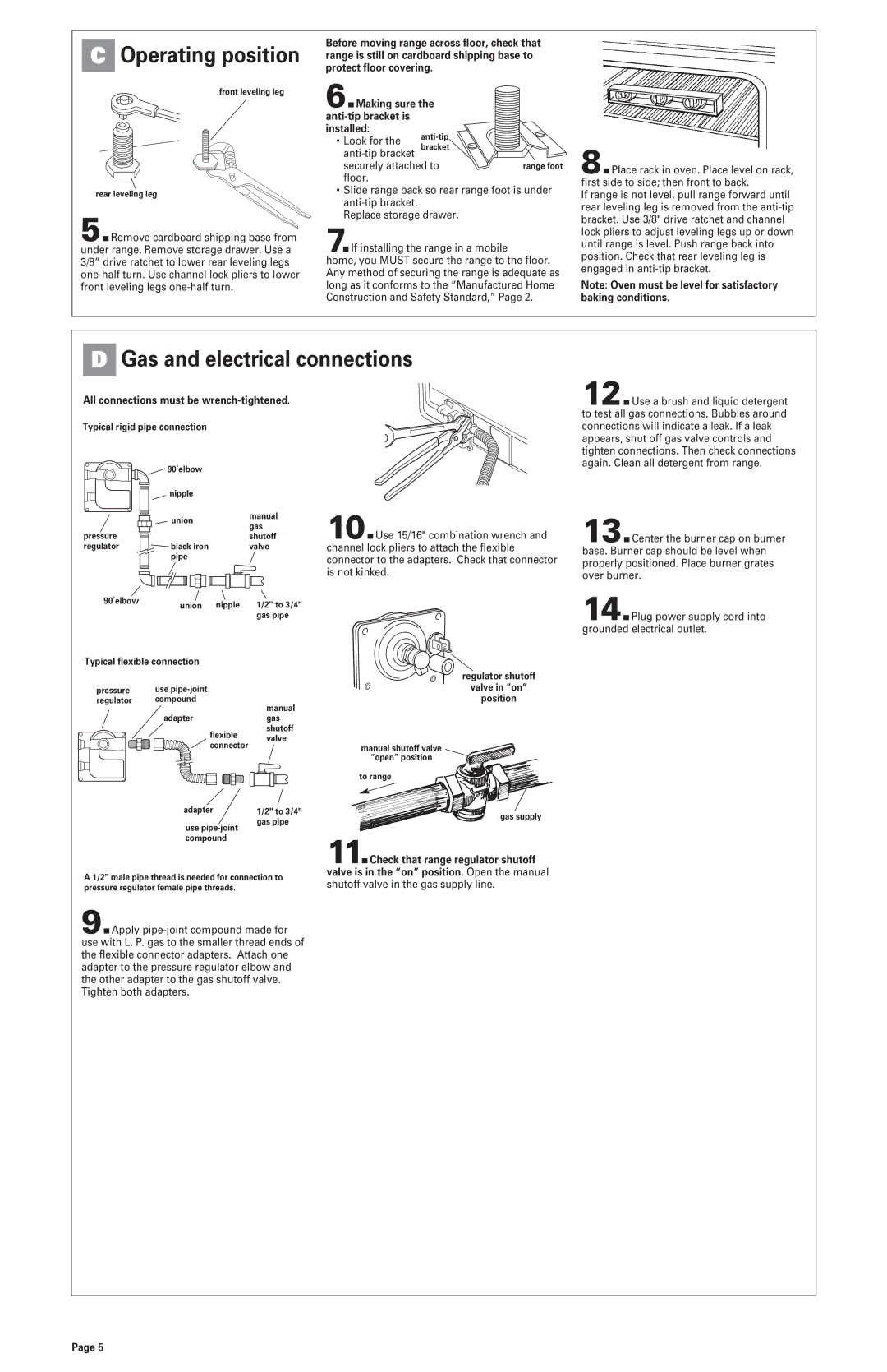 Whirlpool 8523782 installation instructions Gas and electrical connections, All connections must be wrench-tightened 