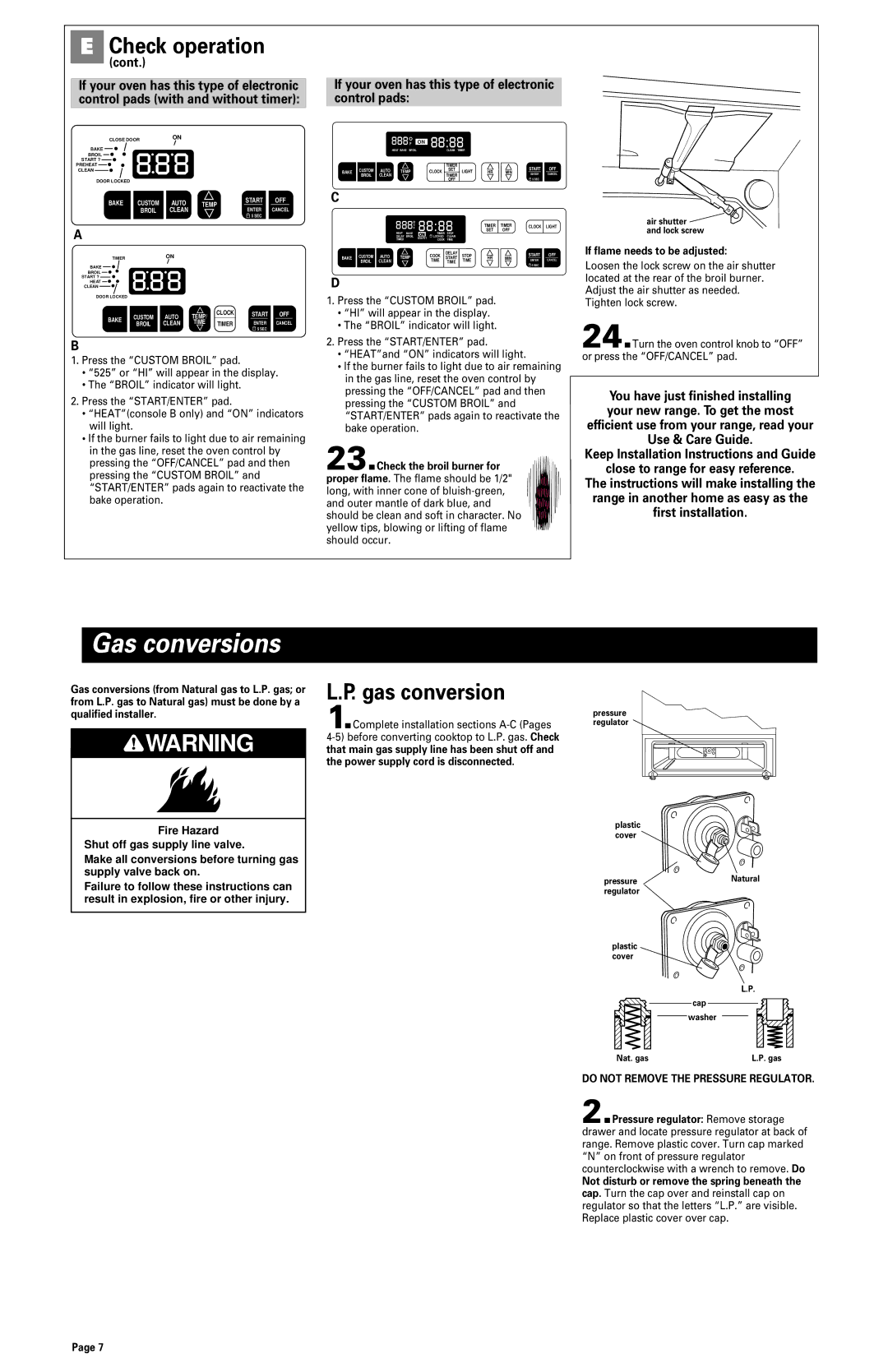 Whirlpool 8523782 Gas conversions, If flame needs to be adjusted, Do not Remove the Pressure Regulator 