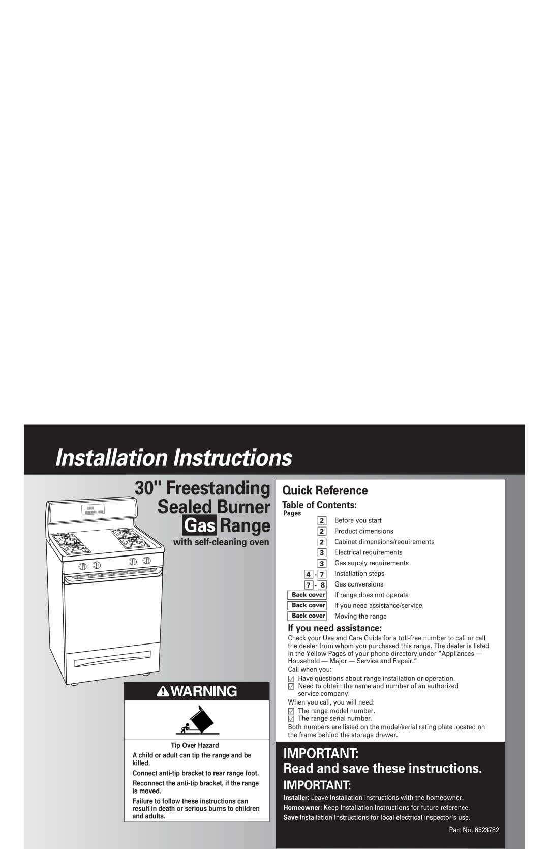 Whirlpool 8523782 installation instructions Quick Reference, Table of Contents, with self-cleaning oven, Gas Range 