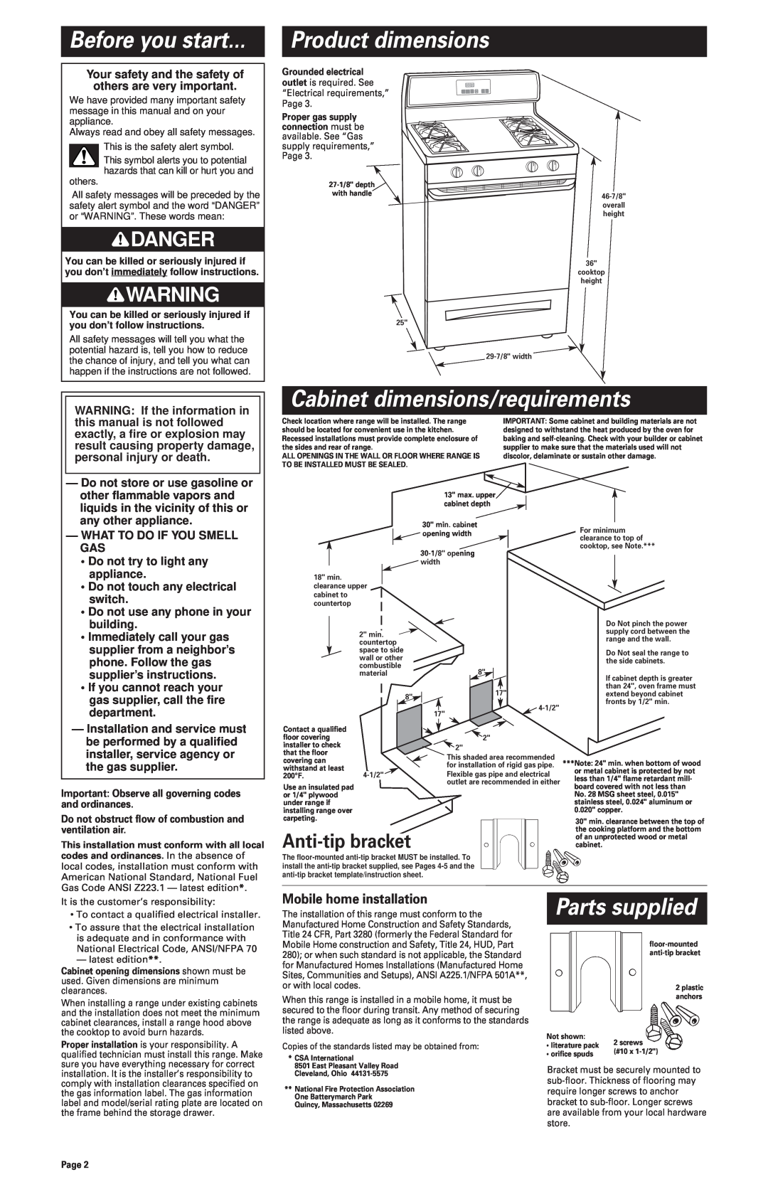Whirlpool 8523782 Product dimensions, Cabinet dimensions/requirements, Parts supplied, Anti-tip bracket, Before you start 