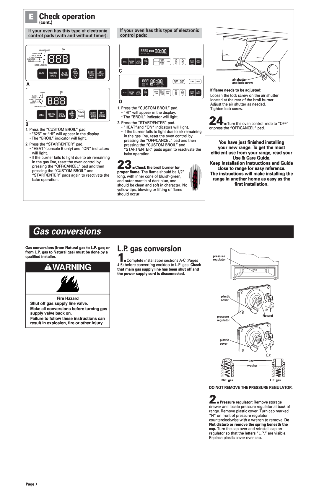 Whirlpool 8523782 Gas conversions, L.P. gas conversion, cont, Keep Installation Instructions and Guide, E Check operation 