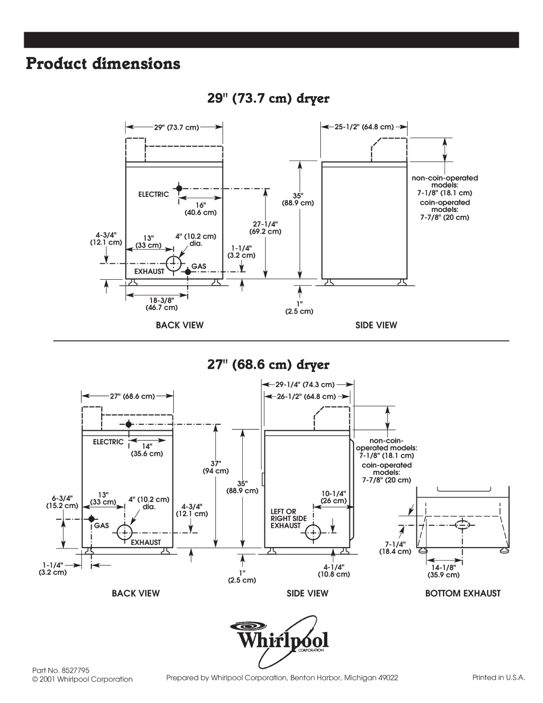 Whirlpool 8527795 installation instructions Product dimensions, Bottom Exhaust 