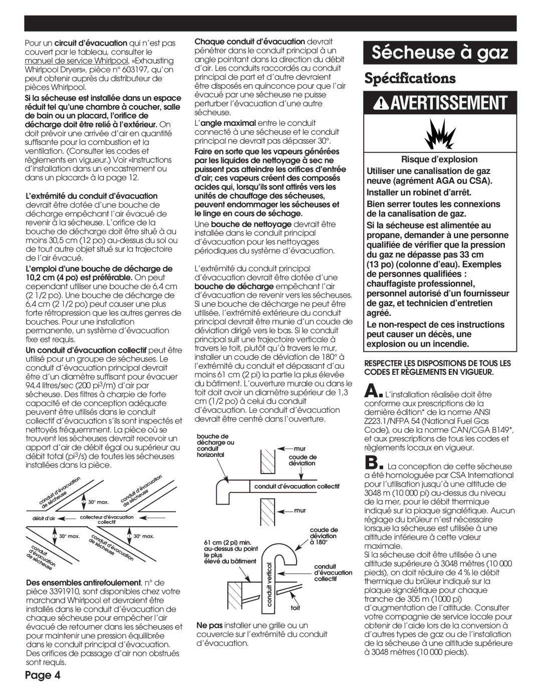 Whirlpool 8527795 installation instructions Sécheuse à gaz, Spécifications 