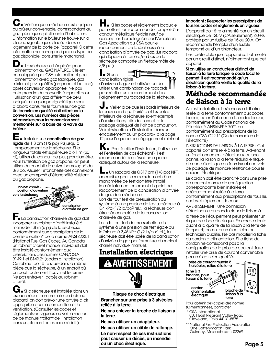 Whirlpool 8527795 installation instructions Installation électrique, Méthode recommandée de liaison à la terre 