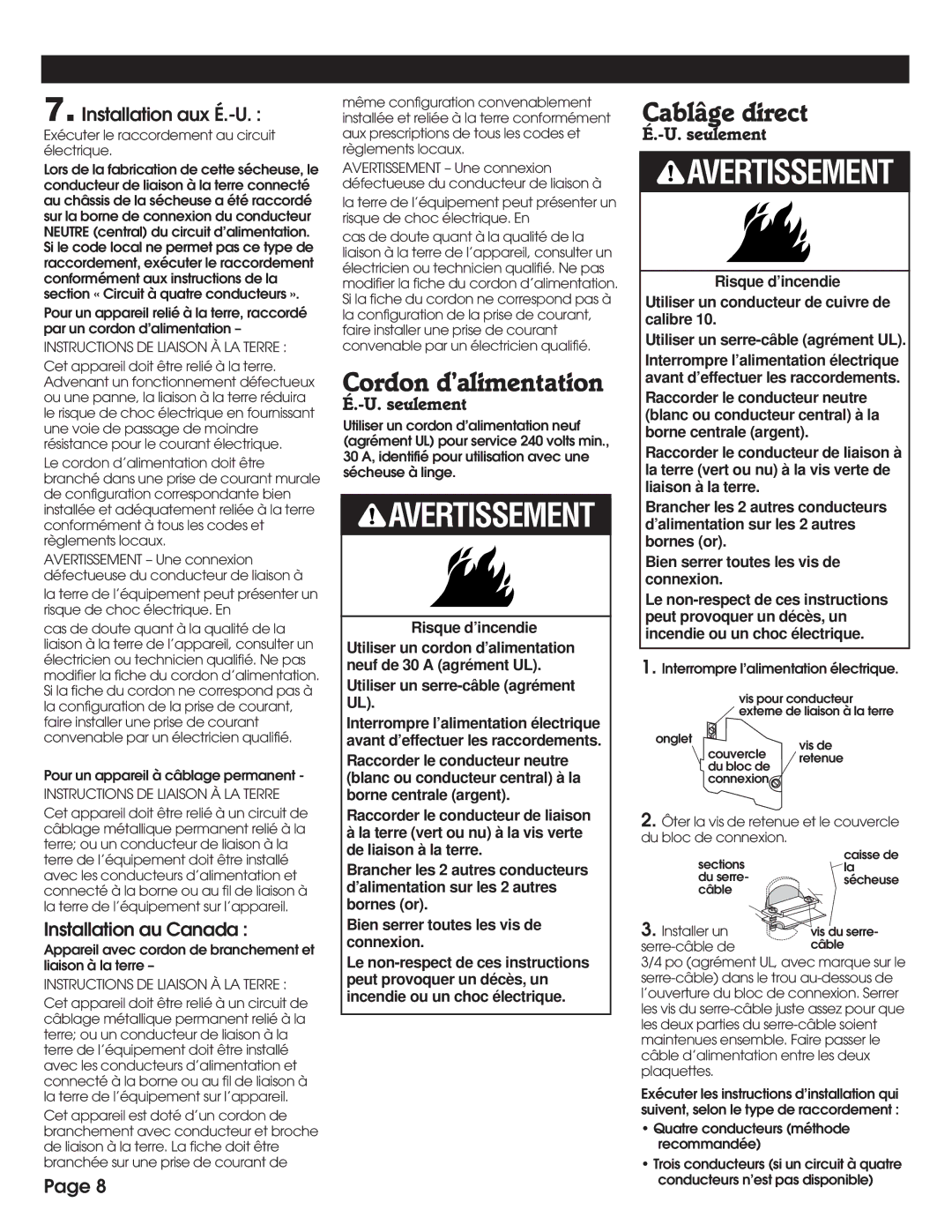 Whirlpool 8527795 installation instructions Cordon d’alimentation, Cablâge direct, Instructions DE Liaison À LA Terre 