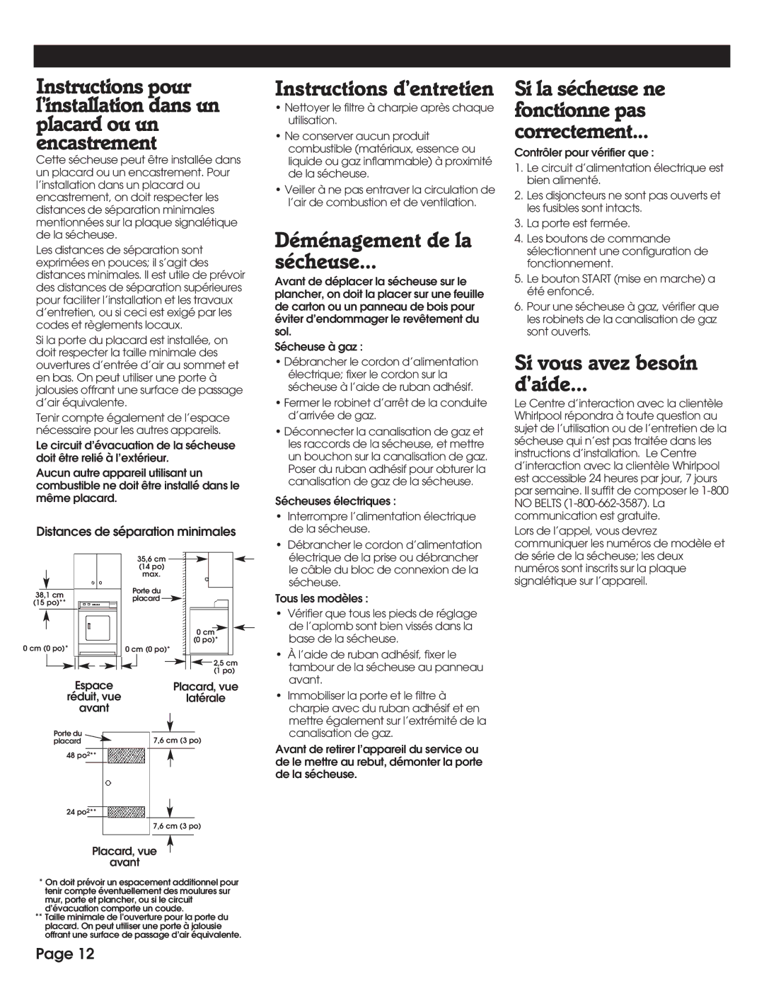 Whirlpool 8527795 Instructions d’entretien, Déménagement de la Sécheuse, Si vous avez besoin ’aide 