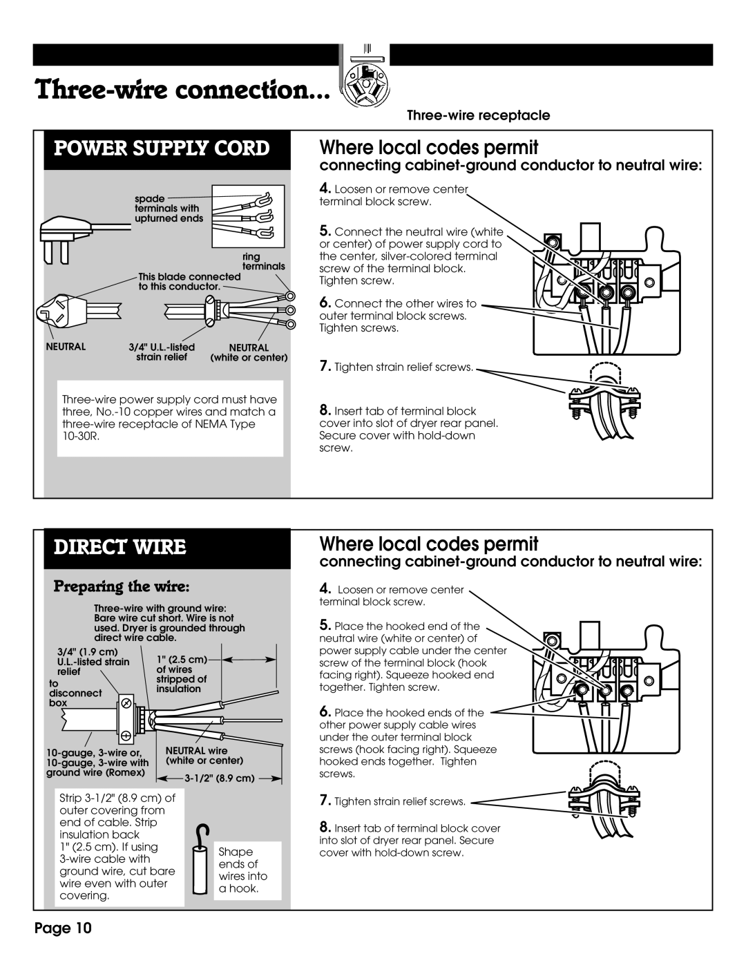Whirlpool 8527795 Three-wire connection, Where local codes permit, connecting cabinet-ground conductor to neutral wire 