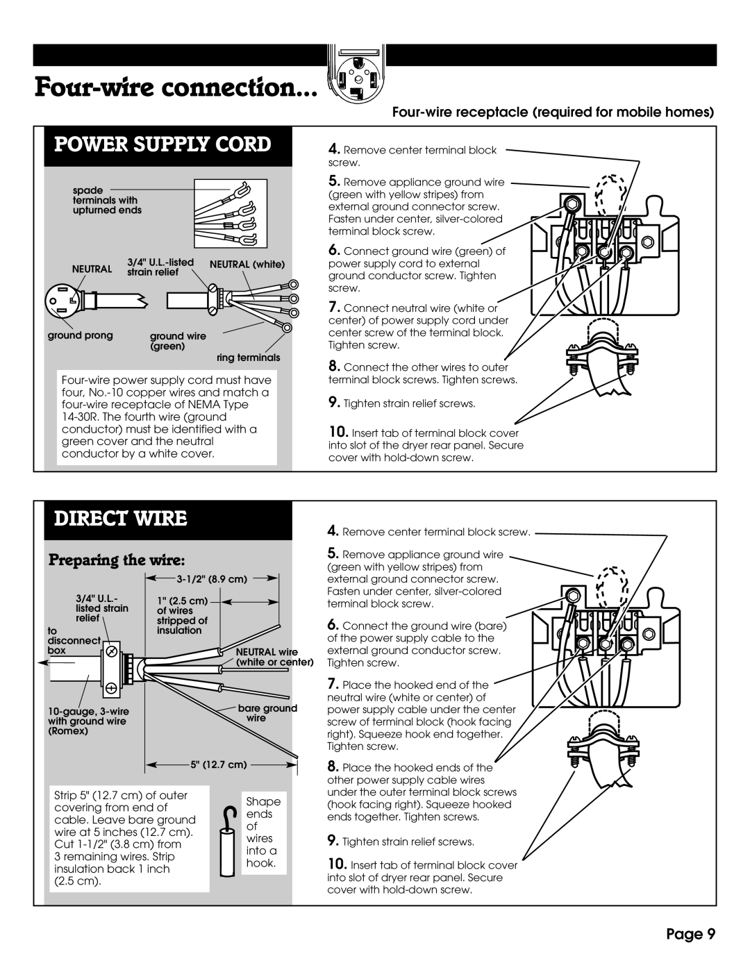 Whirlpool 8527795 installation instructions Four-wire connection, Power Supply Cord, Direct Wire, Preparing the wire, Page 