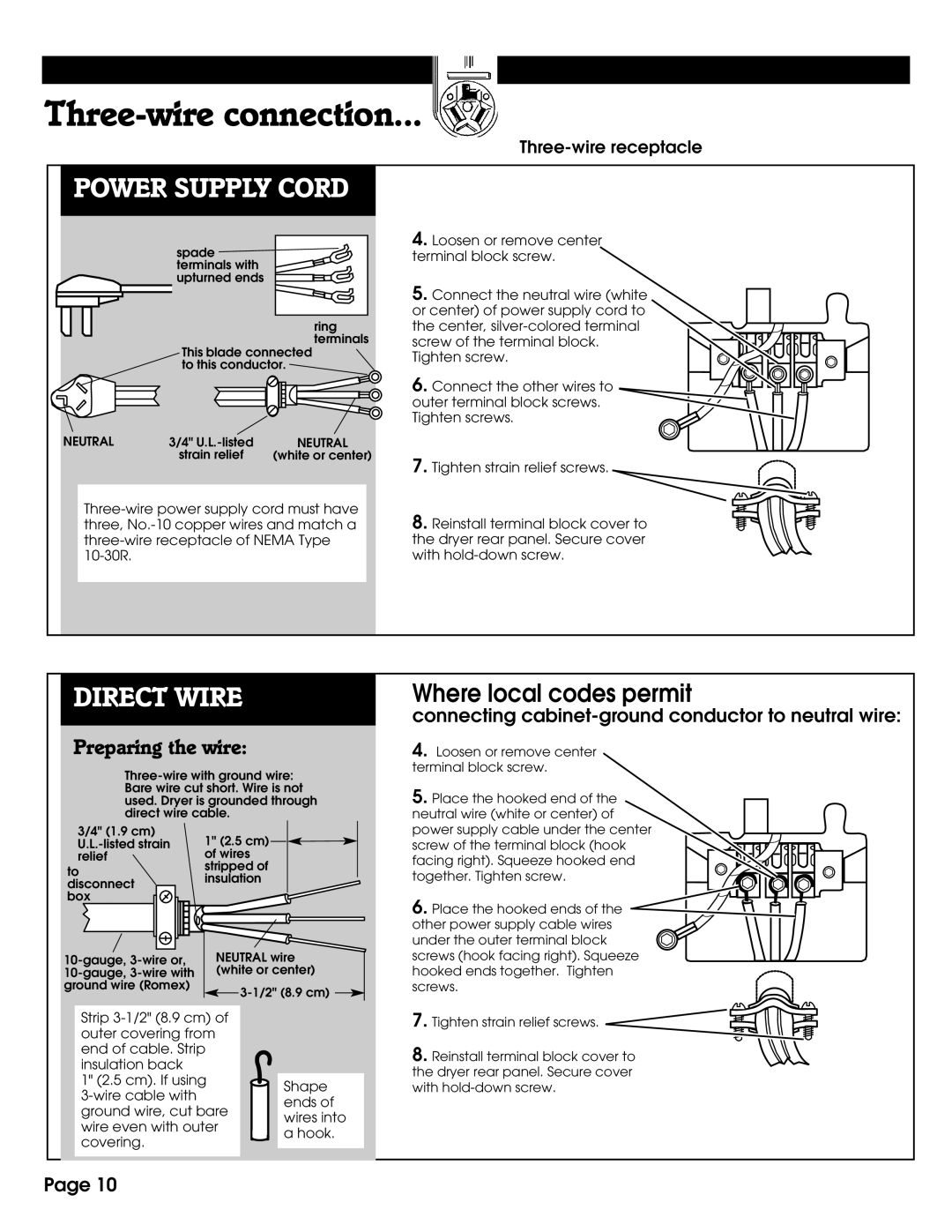 Whirlpool 8527809 installation instructions Three-wire connection 