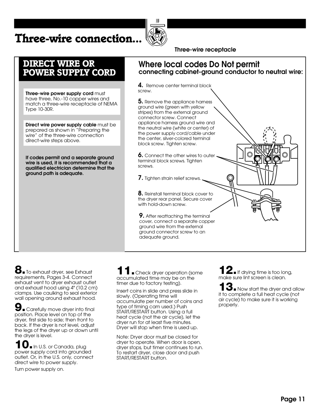 Whirlpool 8527809 installation instructions Direct Wire or Power Supply Cord 