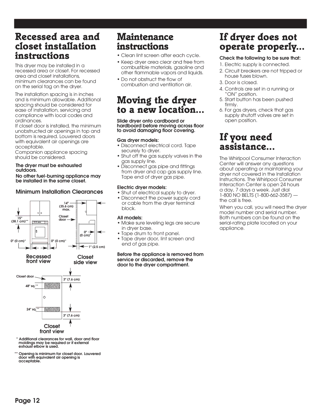 Whirlpool 8527809 Recessed area and closet installation instructions 