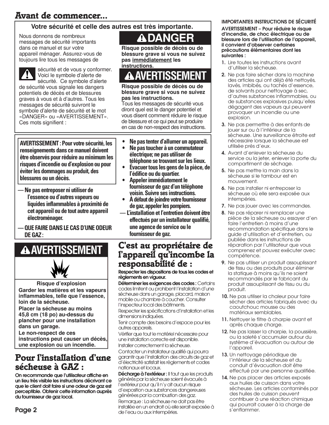 Whirlpool 8527809 installation instructions Avant de commencer, Votre sécurité et celle des autres est très importante 