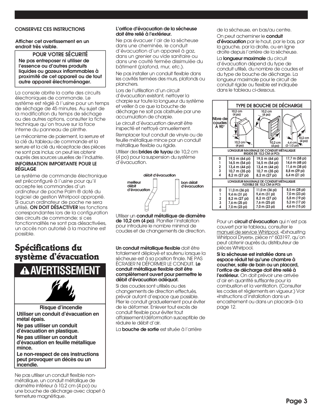 Whirlpool 8527809 Spécifications du système d’évacuation, Conservez CES Instructions, Type DE Bouche DE Décharge 