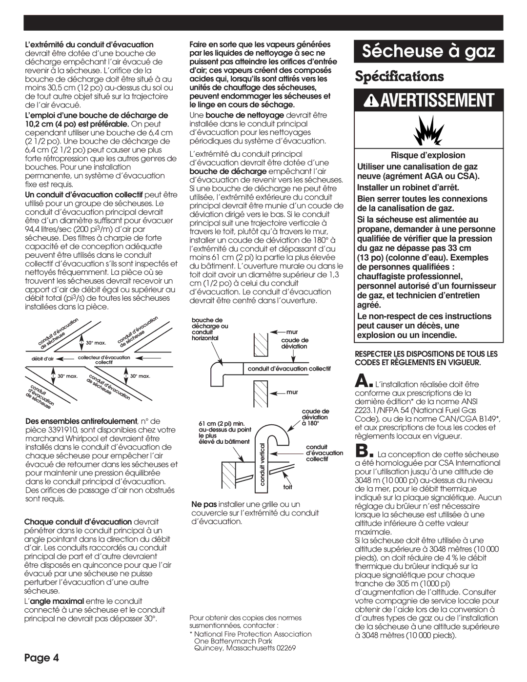 Whirlpool 8527809 installation instructions Sécheuse à gaz, Spécifications 