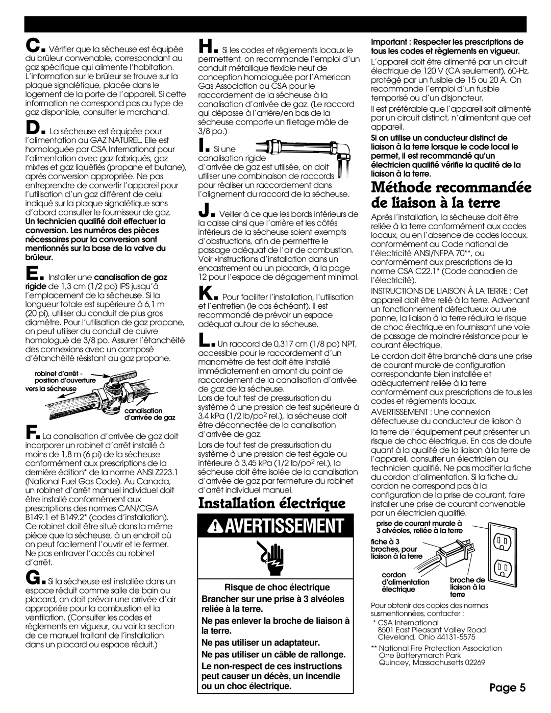 Whirlpool 8527809 installation instructions Installation électrique, Méthode recommandée de liaison à la terre 