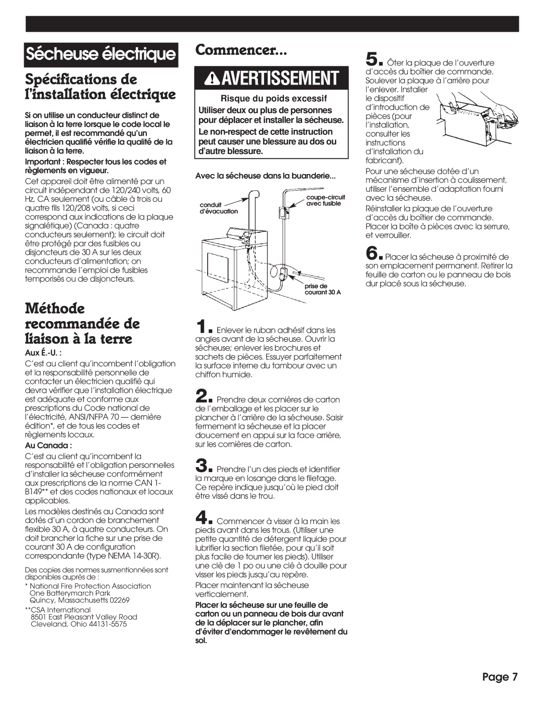 Whirlpool 8527809 installation instructions Sécheuse électrique 