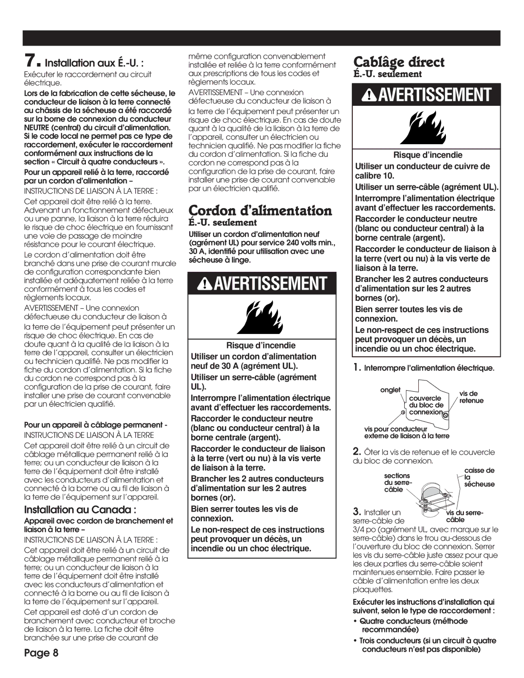 Whirlpool 8527809 installation instructions Cordon d’alimentation, Cablâge direct, Instructions DE Liaison À LA Terre 