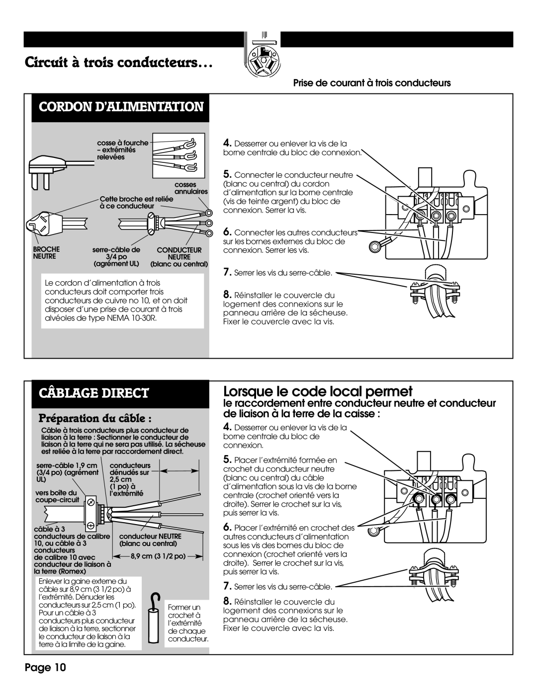 Whirlpool 8527809 installation instructions Circuit à trois conducteurs…, Cordon D’ALIMENTATION 