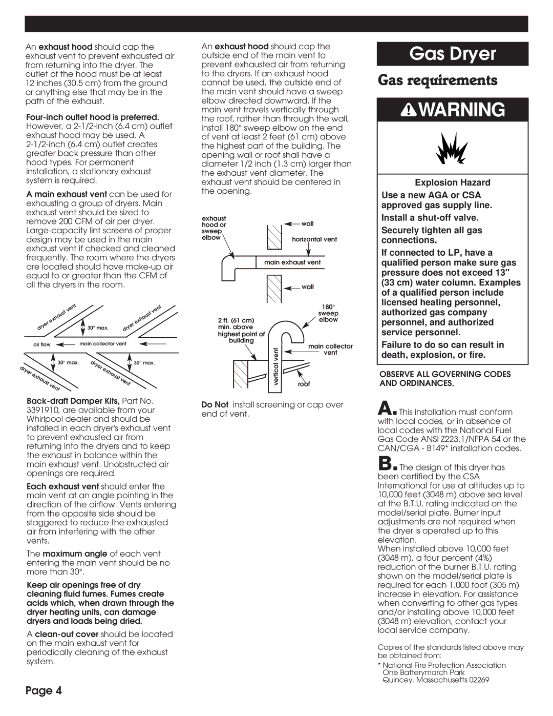 Whirlpool 8527809 installation instructions Gas requirements, Observe ALL Governing Codes and Ordinances 